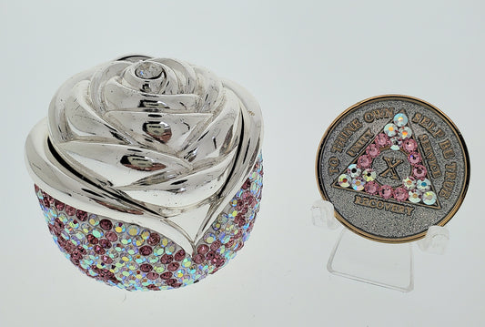 Rose Box Chip Holder with matching Medallion (Pink and Clear Aurora Borealis)