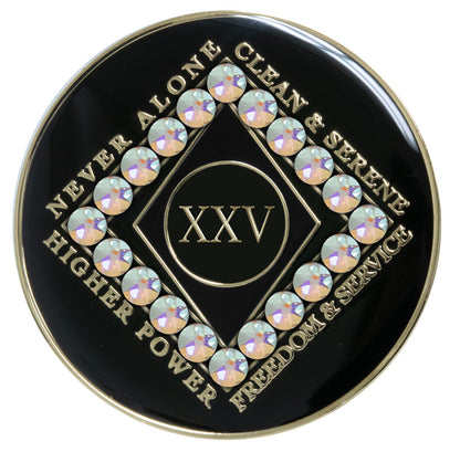 25 year black Onyx Clean time recovery medallion with a diamond shape within a diamond shape for a 3D effect, 20 Aurora Borealis genuine crystals form the outer diamond shape, never alone, clean & serene, Higher Power, freedom & service in 14k gold-plated brass, sealed with resin for a glossy finish that will last and is scratch proof.