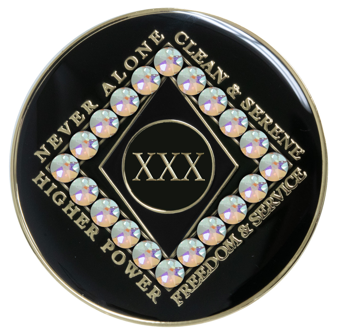 30 year black Onyx Clean time recovery medallion with a diamond shape within a diamond shape for a 3D effect, 20 Aurora Borealis genuine crystals form the outer diamond shape, never alone, clean & serene, Higher Power, freedom & service in 14k gold-plated brass, sealed with resin for a glossy finish that will last and is scratch proof.