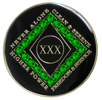 30 year black Onyx Clean time recovery medallion with a diamond shape within a diamond shape for a 3D effect, 20 Fern green CZ genuine crystals form the outer diamond shape, never alone, clean & serene, Higher Power, freedom & service in 14k gold-plated brass, sealed with resin for a glossy finish that will last and is scratch proof.