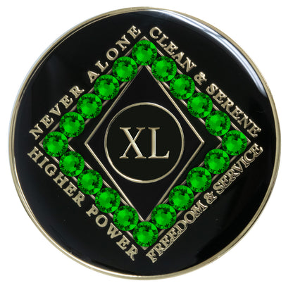 40 year black Onyx Clean time recovery medallion with a diamond shape within a diamond shape for a 3D effect, 20 Fern green CZ genuine crystals form the outer diamond shape, never alone, clean & serene, Higher Power, freedom & service in 14k gold-plated brass, sealed with resin for a glossy finish that will last and is scratch proof.