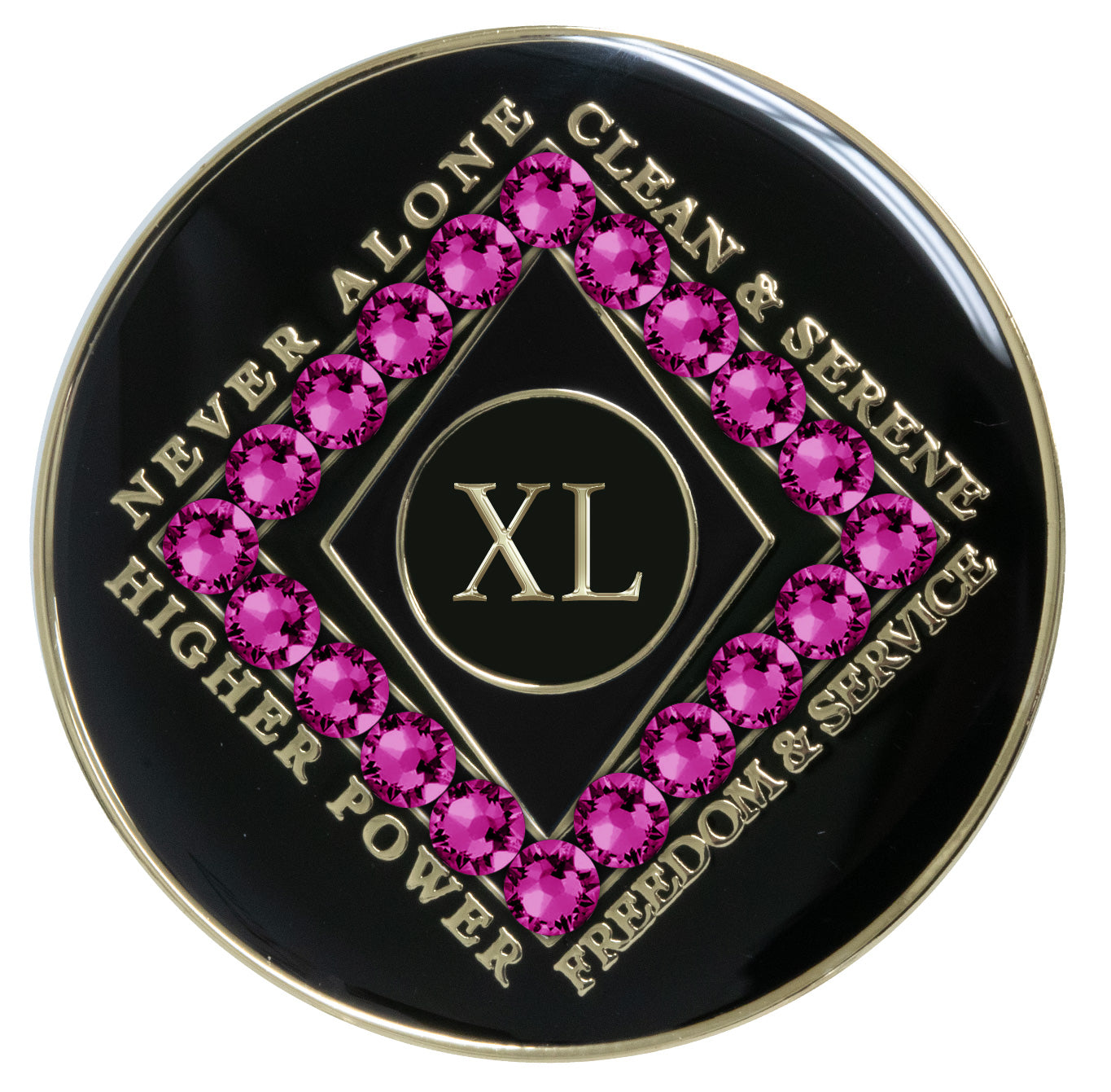 40 year black Onyx Clean time recovery medallion with a diamond shape within a diamond shape for a 3D effect, 20 Fuchsia CZ genuine crystals form the outer diamond shape, never alone, clean & serene, Higher Power, freedom & service in 14k gold-plated brass, sealed with resin for a glossy finish that will last and is scratch proof.