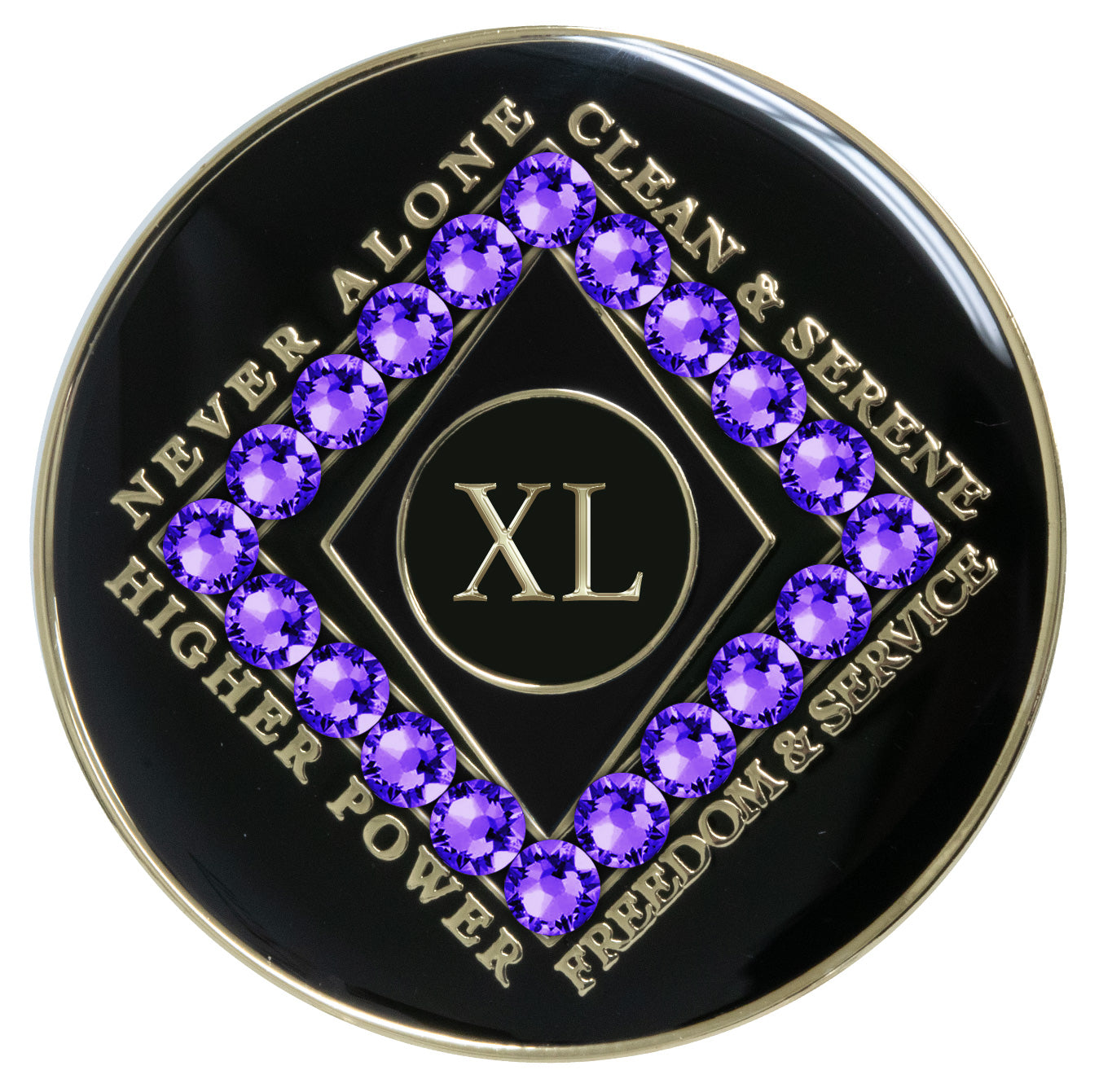 40 year black Onyx Clean time recovery medallion with a diamond shape within a diamond shape for a 3D effect, 20 purple velvet CZ genuine crystals form the outer diamond shape, never alone, clean & serene, Higher Power, freedom & service in 14k gold-plated brass, sealed with resin for a glossy finish that will last and is scratch proof.