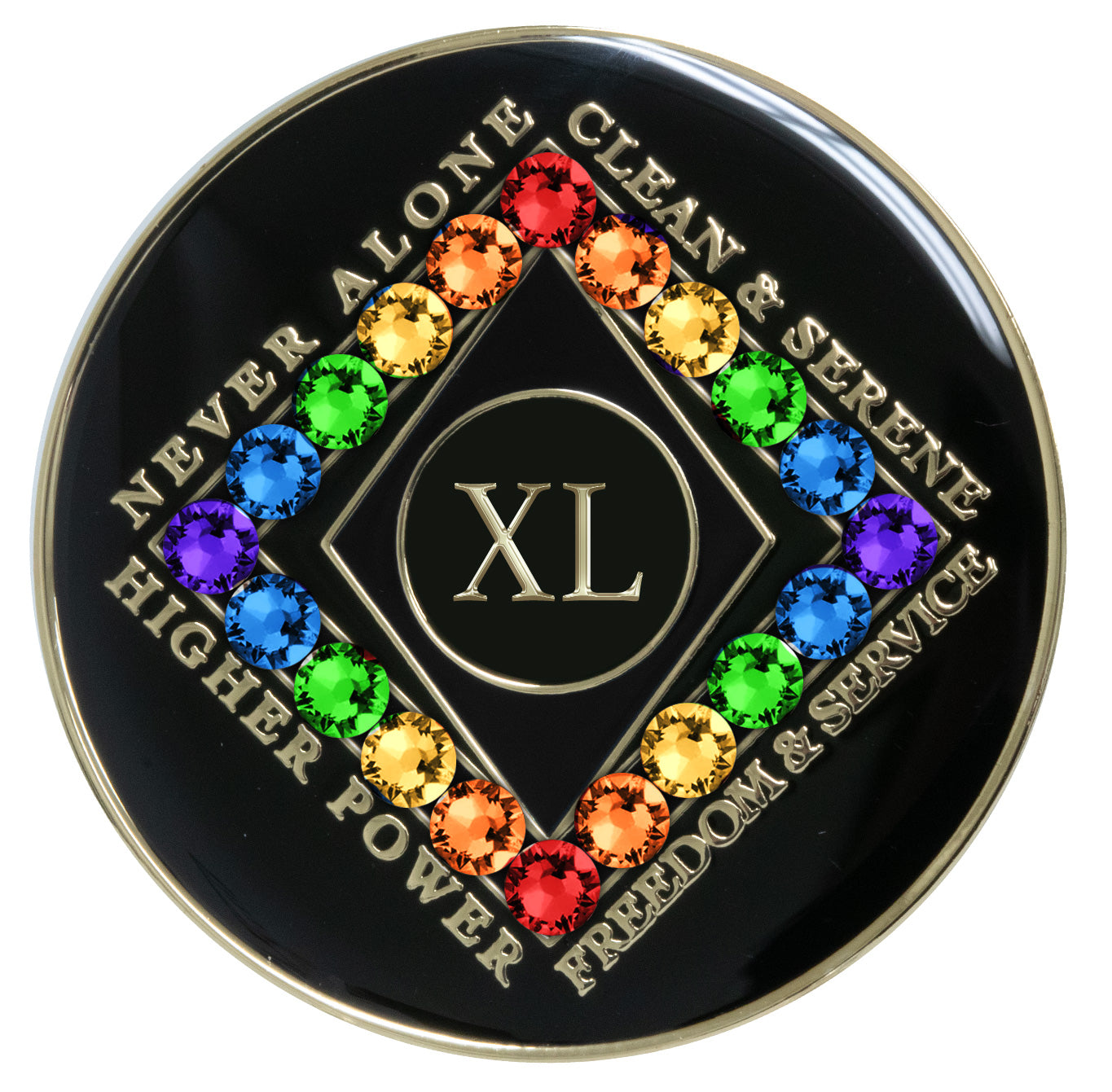 40 year black Onyx Clean time recovery medallion with a diamond shape within a diamond shape for a 3D effect, 20 rainbow CZ genuine crystals form the outer diamond shape, never alone, clean & serene, Higher Power, freedom & service in 14k gold-plated brass, sealed with resin for a glossy finish that will last and is scratch proof.