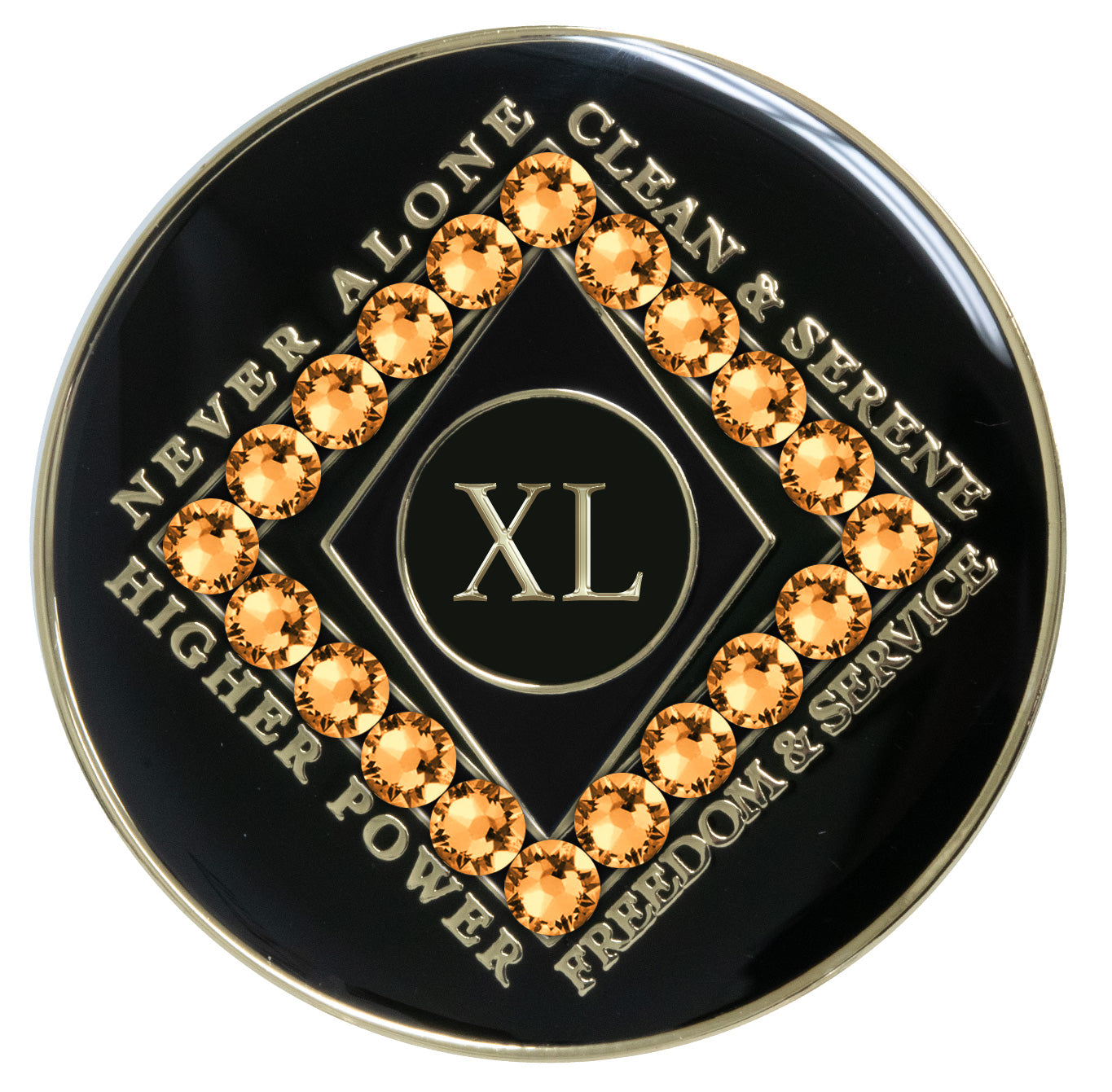 40 year black Onyx Clean time recovery medallion with a diamond shape within a diamond shape for a 3D effect, 20 gold Topaz CZ genuine crystals form the outer diamond shape, never alone, clean & serene, Higher Power, freedom & service in 14k gold-plated brass, sealed with resin for a glossy finish that will last and is scratch proof.