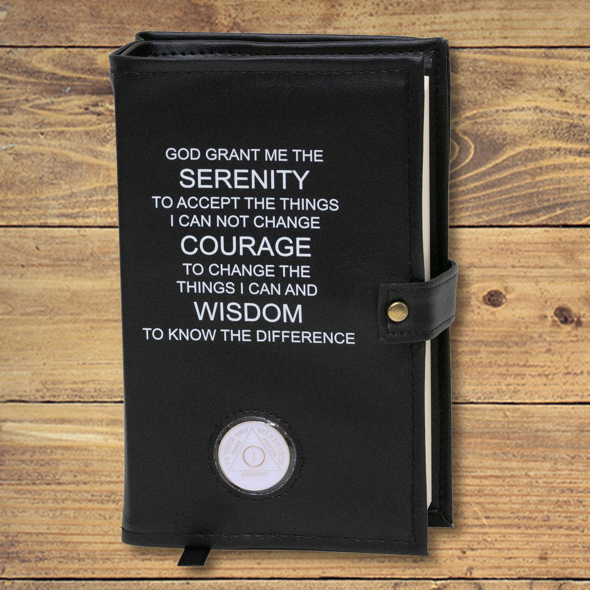 AA Black Double Book Cover With The Serenity Prayer, With Sobriety Chip Holder