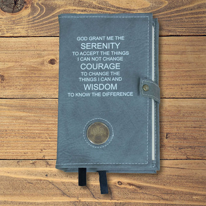 AA Grey Double Book Cover With The Serenity Prayer, With Sobriety Chip Holder