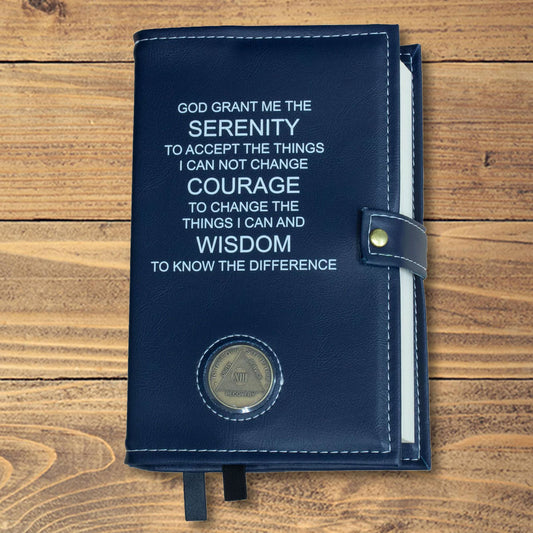 AA Navy Blue Double Book Cover With The Serenity Prayer, With Sobriety Chip Holder