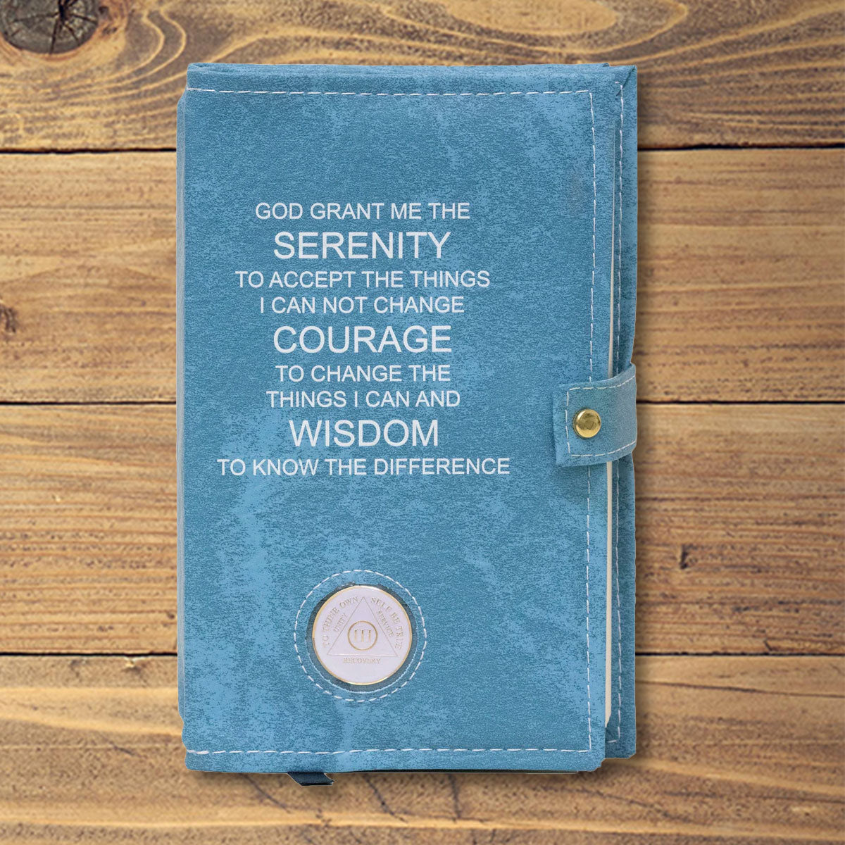 AA Sky Blue Double Book Cover With The Serenity Prayer, With Sobriety Chip Holder