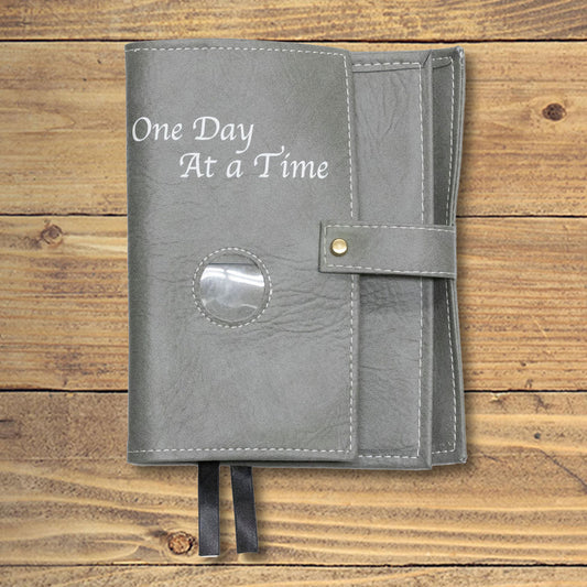 One Day At A Time Grey Double Book Cover With Sobriety Chip Holder