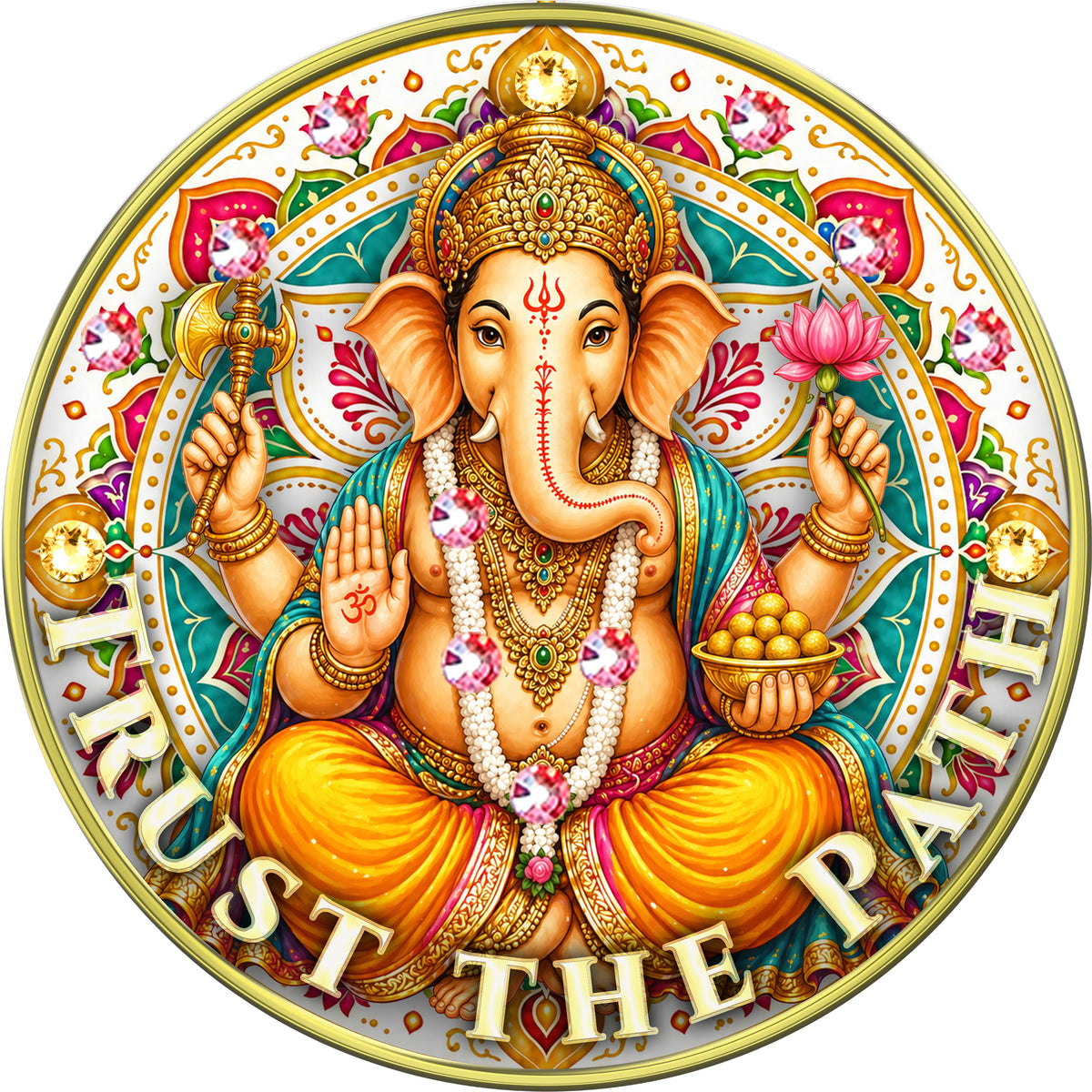 Ganesha - "Trust The Path, Remover, Placer, Revealer" Medallion with Gold and Rose AB Crystals