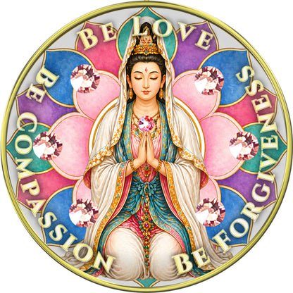 Quan Yin - "Be Compassion, Be Forgiveness, Be Love, Wrapped In Grace" Medallion with Light Rose Crystals