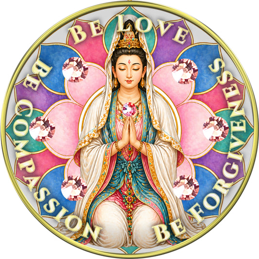 Quan Yin - "Be Compassion, Be Forgiveness, Be Love, Wrapped In Grace" Medallion with Light Rose Crystals