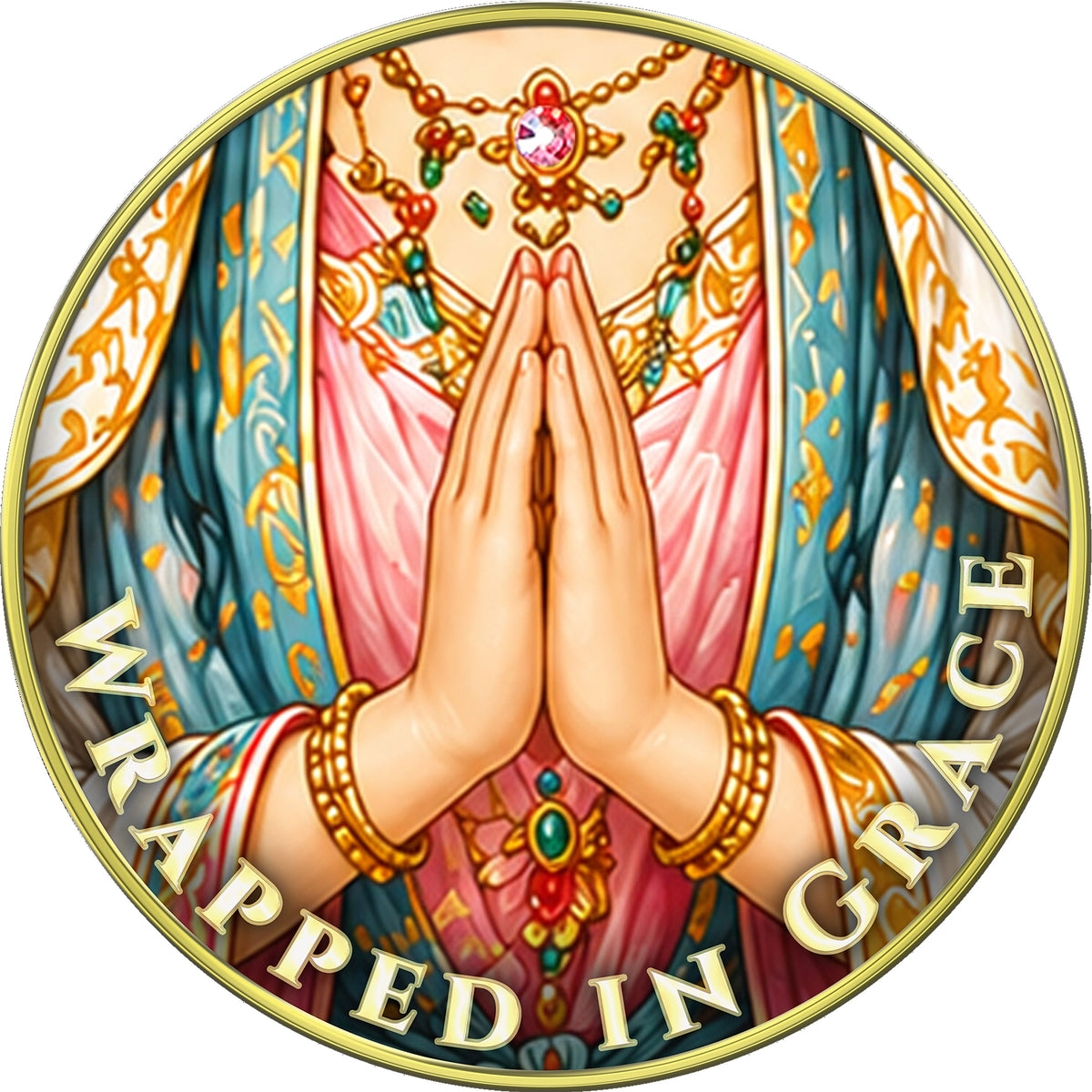 Quan Yin - "Be Compassion, Be Forgiveness, Be Love, Wrapped In Grace" Medallion with Light Rose Crystals