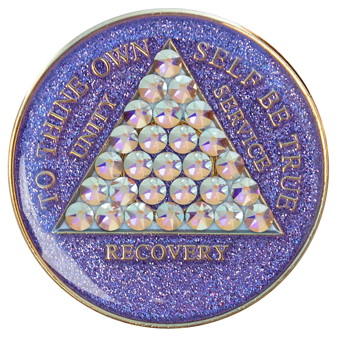 AA medallion amethyst purple glitter with 28 diamond CZ genuine crystals that form the triangle entirely, this is the timeless medallion, shine on with this beauty, we all have one day at a time, the AA slogan and three legacies are embossed with 14k gold-plated brass and sealed with resin for a glossy finish that will last and is scratch proof.