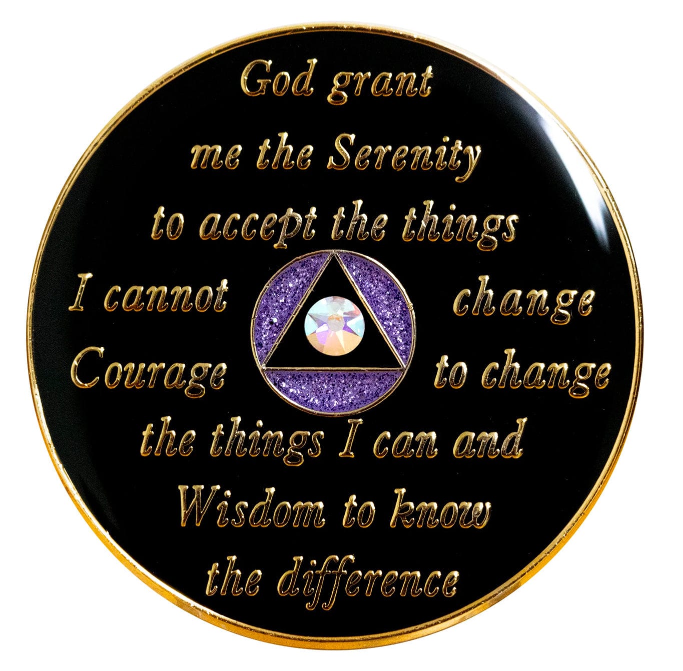 Back of glitter purple timeless CZ crystalized AA timeless recovery medallion is black with the circle glitter purple and triangle black and has the serenity prayer, outer rim, and the circle triangle in the center 14k gold-plated brass, with one single diamond CZ genuine crystal in the center of the triangle, the recovery medallion is sealed with resin for a shiny finish.