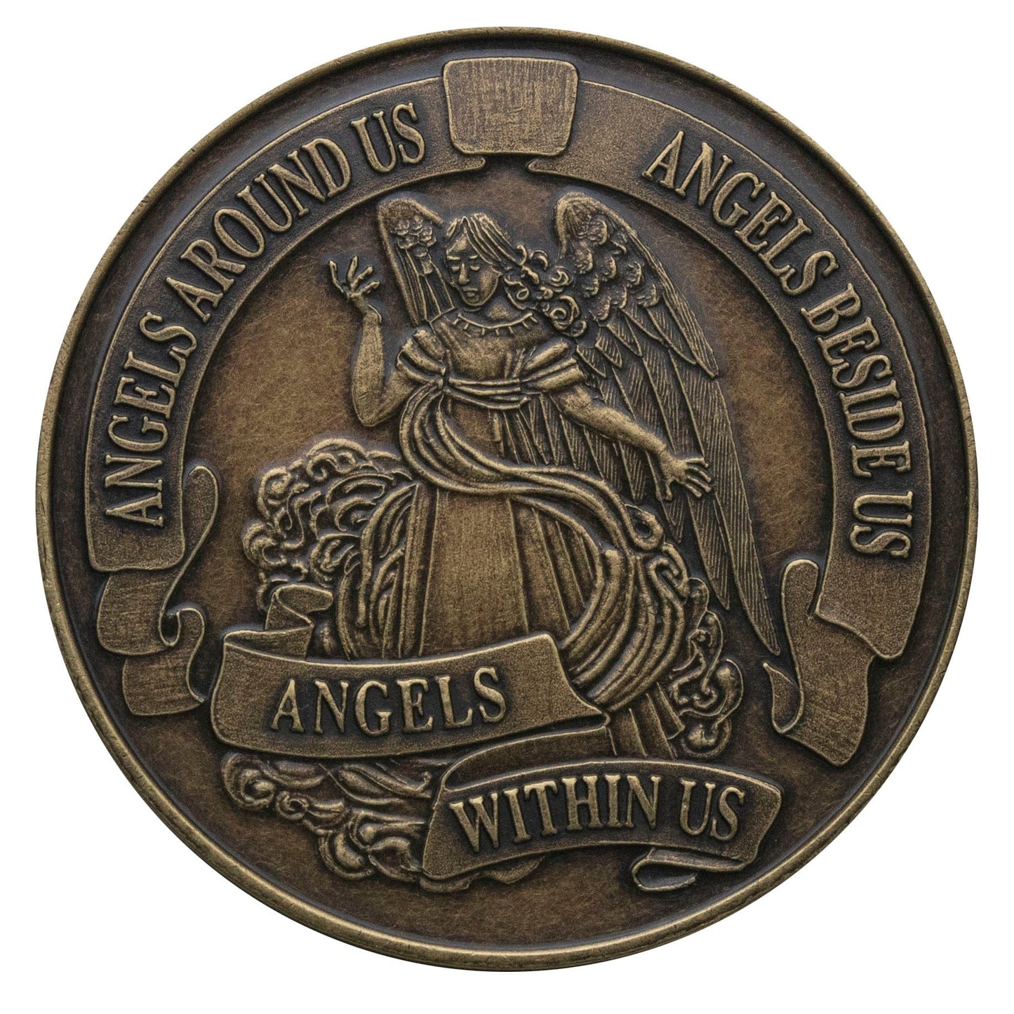 Angel bronze recovery medallion with an angel in the center and a banner that says angels around us, angels beside us, and angels within us.