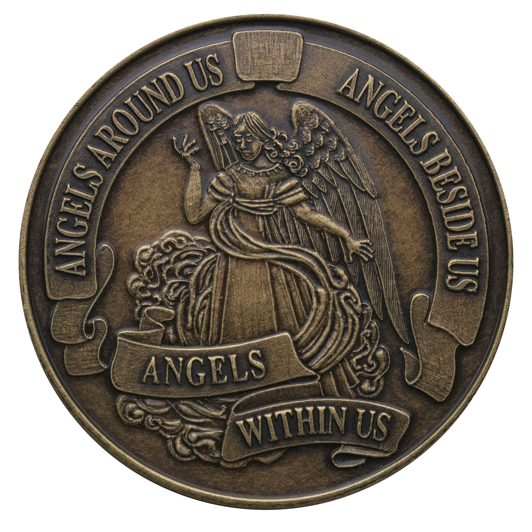 Angel bronze recovery medallion with an angel in the center and a banner that says angels around us, angels beside us, and angels within us.