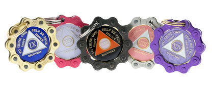 Bike chain recovery medallion holders with key ring, pictured is gold, red, black, silver, and purple.