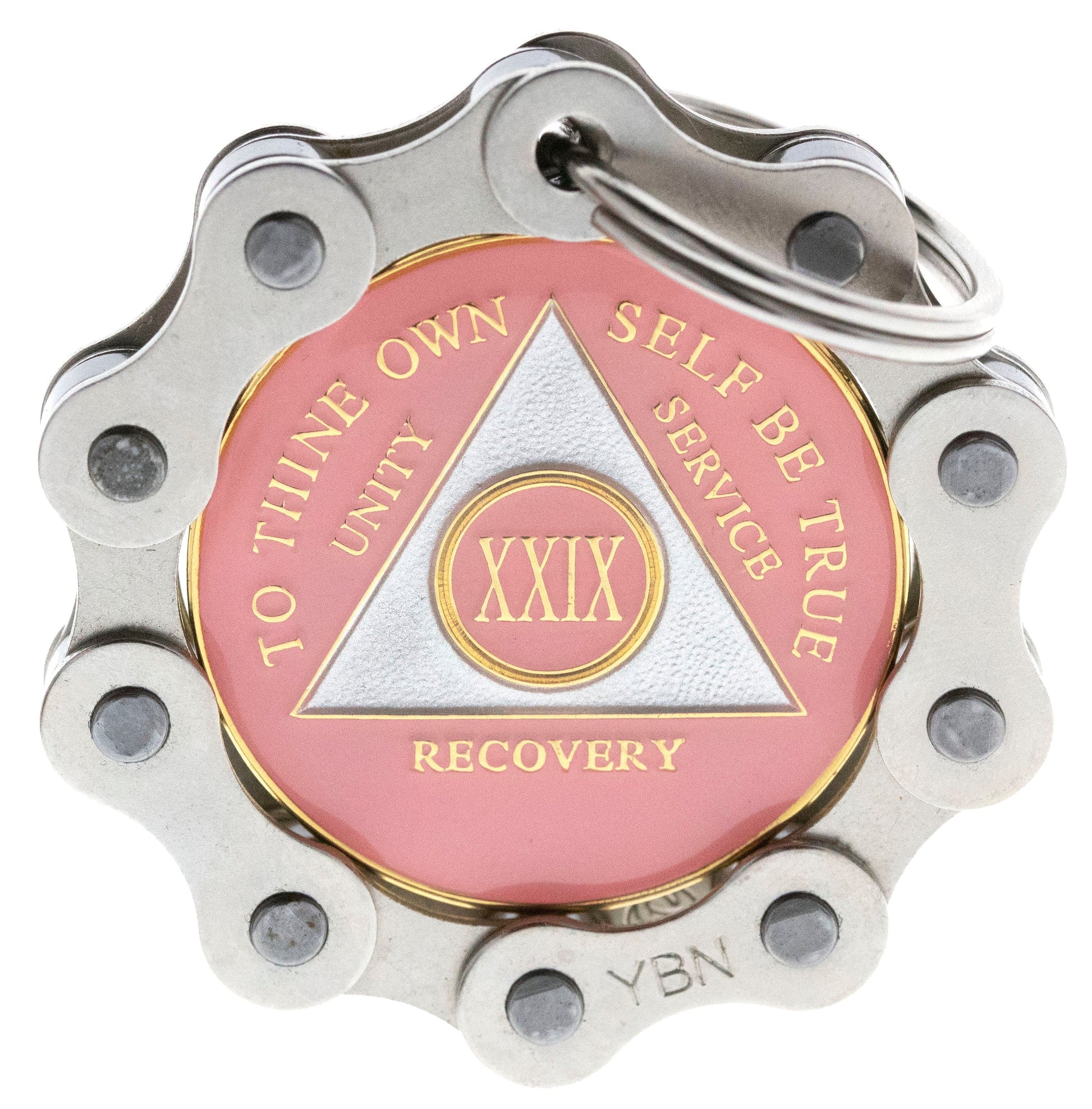 Silver Bike Chain Recovery medallion Holder with key ring, featured with the pink AA recovery medallion. 