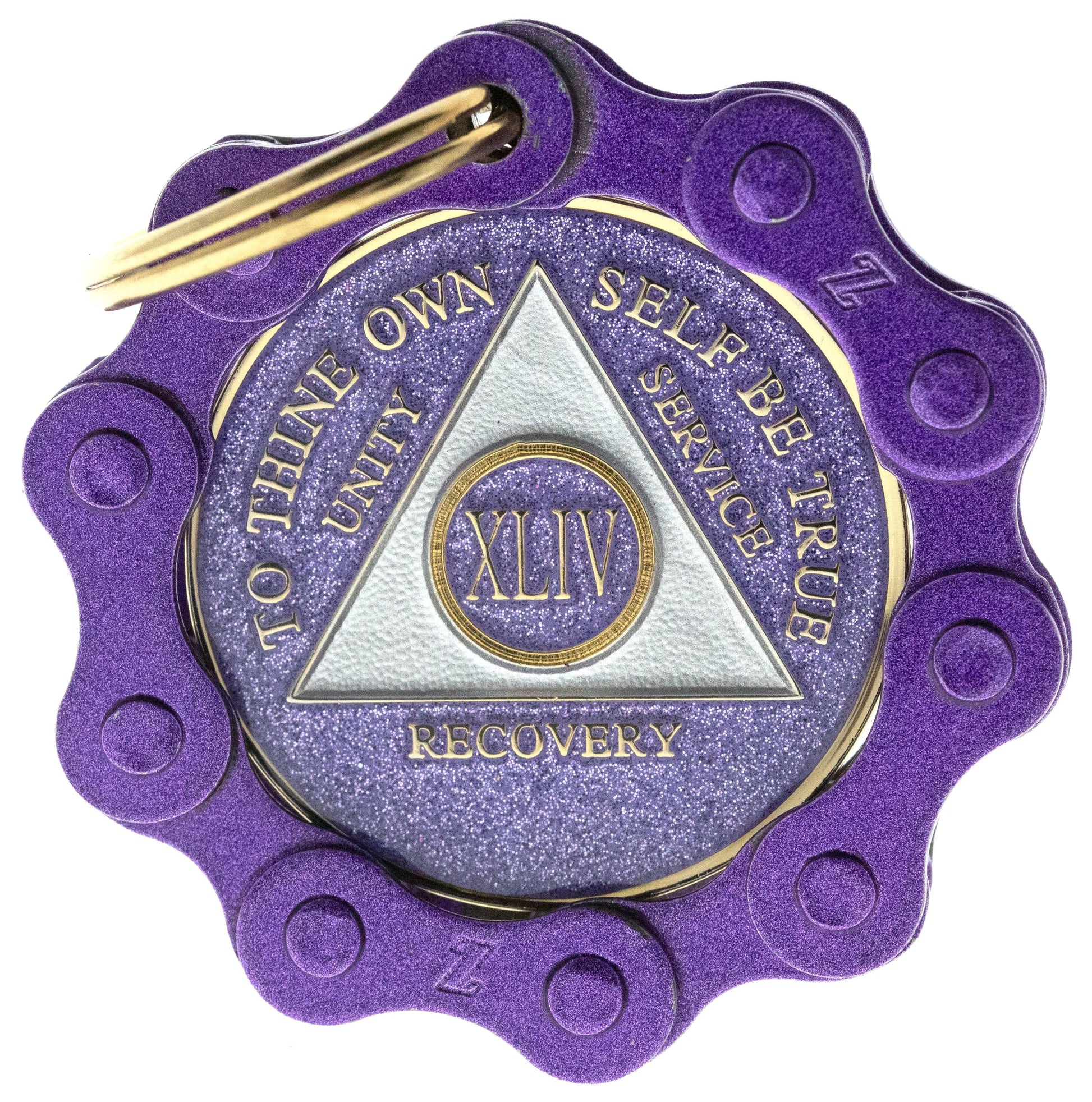 Purple glitter Bike Chain recovery medallion Holder with gold key ring, featured with purple glitter AA recovery medallion.