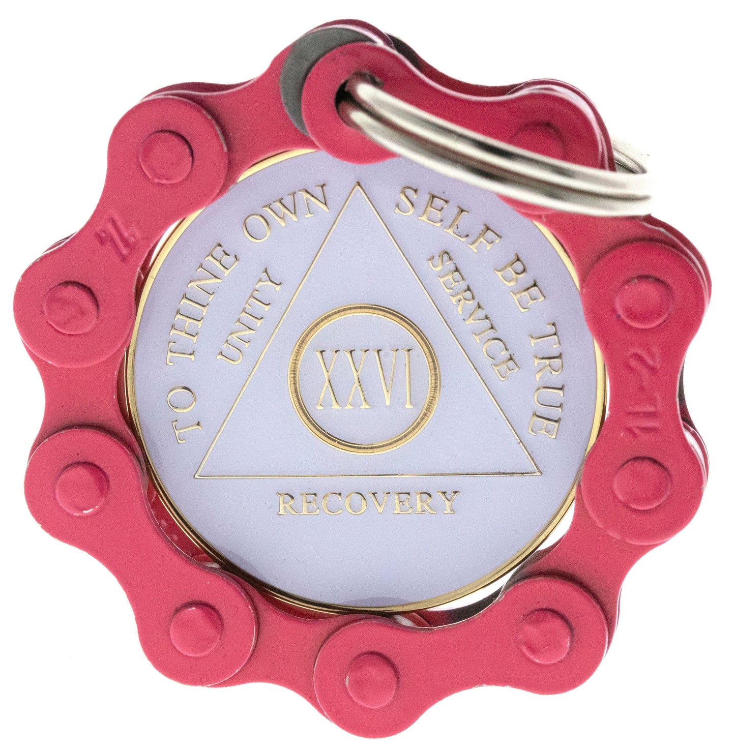 Red Bike Chain recovery medallion Holder with silver key ring, featured with pearl white AA medallion.