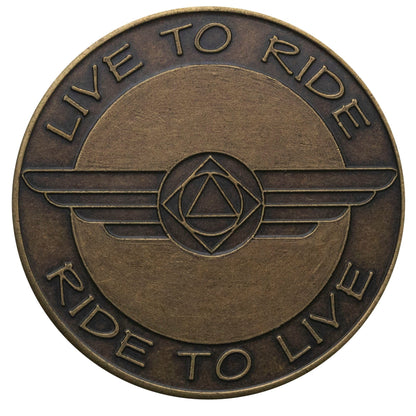 AA recovery medallion Bronze, for all the bikers in recovery, with a biker symbol stretching the length of the medallion in the middle and live to ride at the top with ride to live below.