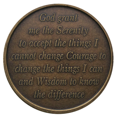 Back of Biker Bronze recovery medallion with the serenity prayer.