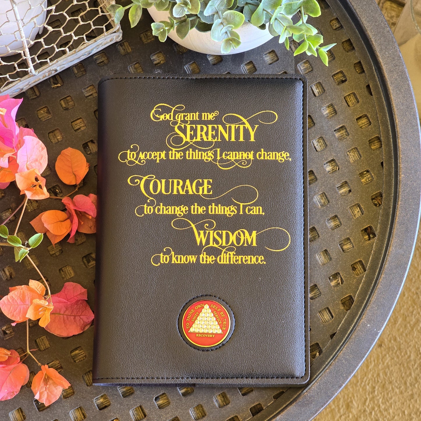 Book Cover | Gold Serenity Prayer | Black with Recovery Chip Mount