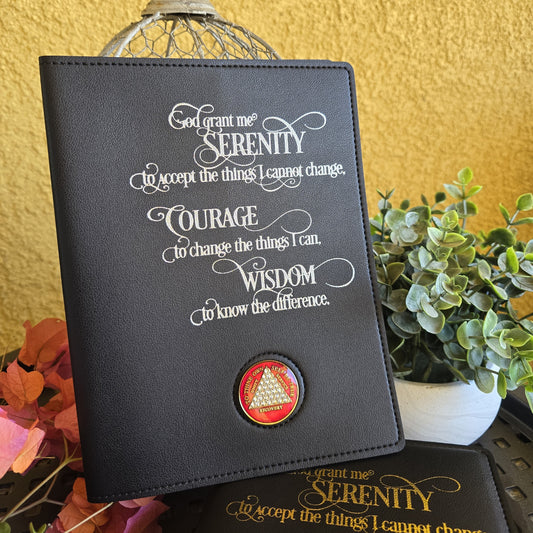 Book Cover | Silver Serenity Prayer | Black with Chip Mount