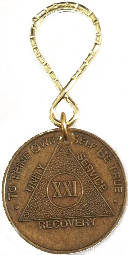 Bronze Key Tag pictured with a bronze AA 21 year medallion.