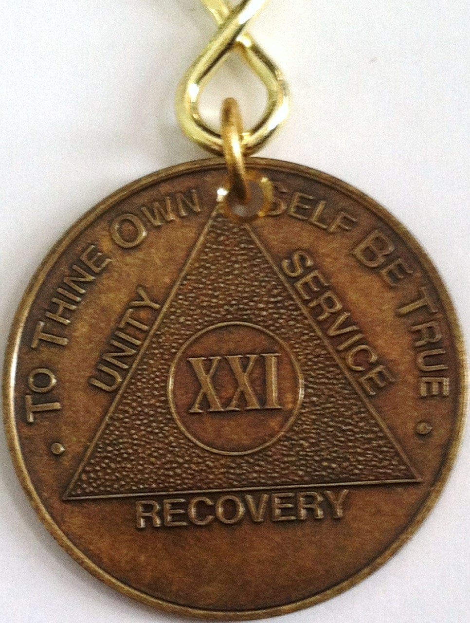 Bronze Key Tag pictured with a bronze AA 21 year medallion.