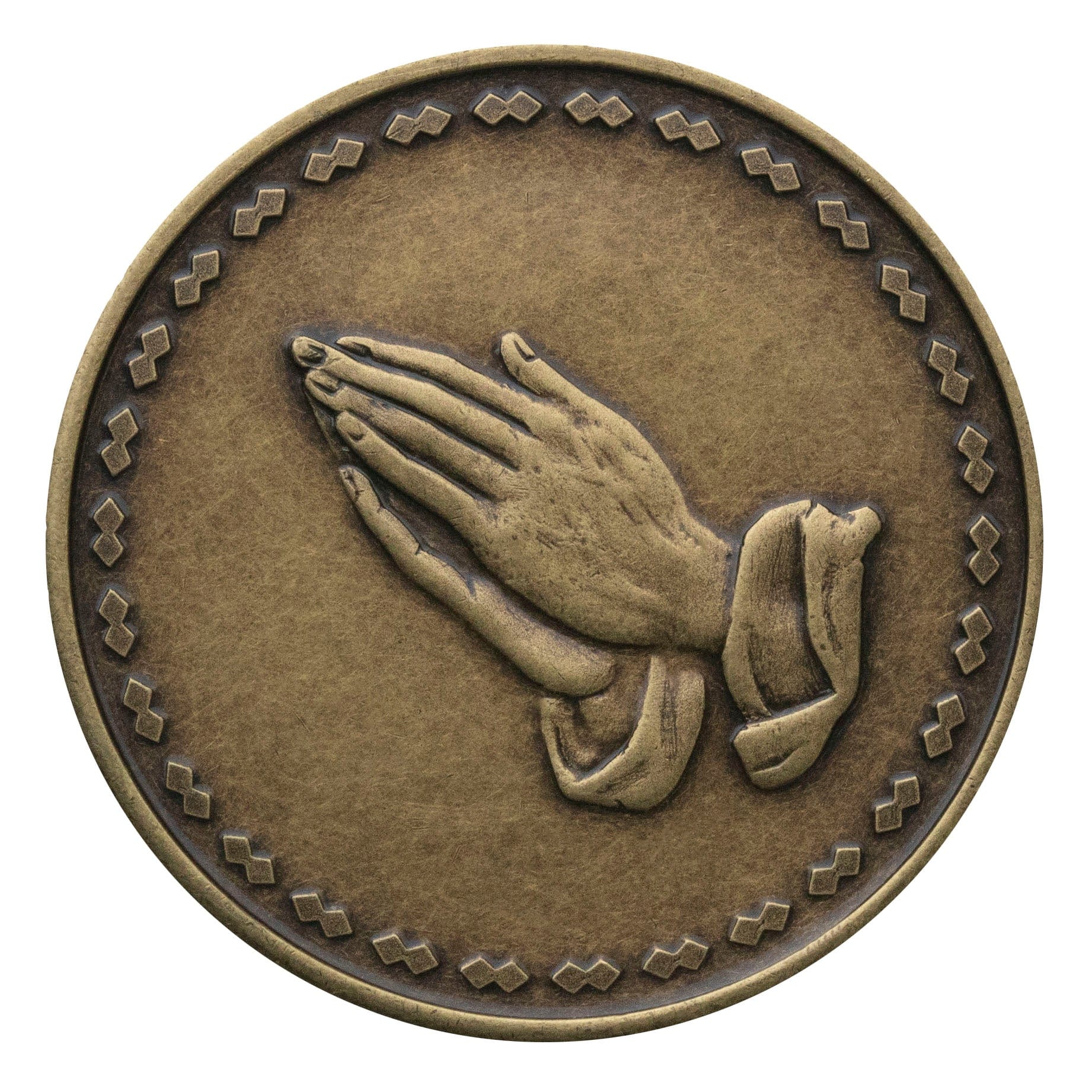 Recovery medallion in Bronze with Praying Hands and unique design around the outer edge of medallion.