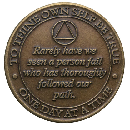 Back of Butterfly Bronze AA recovery medallion with rarely have we seen a person fail who has thoroughly followed our path in the center with the AA symbol and to thine own self be true.