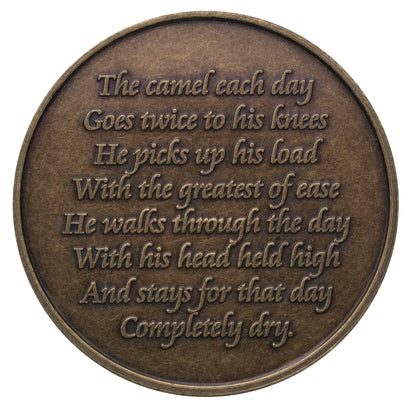 Back of Camel Bronze recovery medallion with the camel story. 