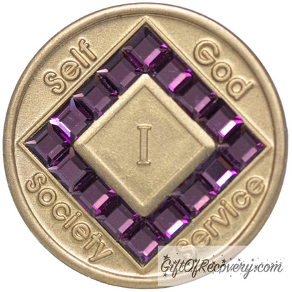 1 year bronze NA medallion with self, God, Society, and Service around the outer rim of the diamond, 16 diamond shaped CZ genuine Amethyst purple crystals, that form the diamond around the roman numeral. 