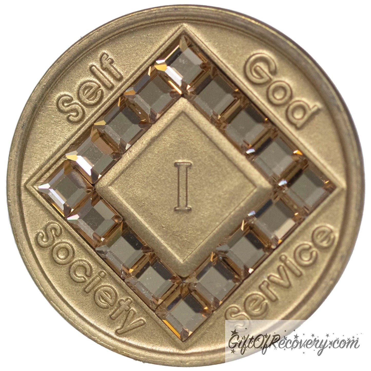 1 year bronze NA medallion with self, God, Society, and Service around the outer rim of the diamond, 16 diamond shaped CZ genuine Colorado Topaz crystals, that form the diamond around the roman numeral. 