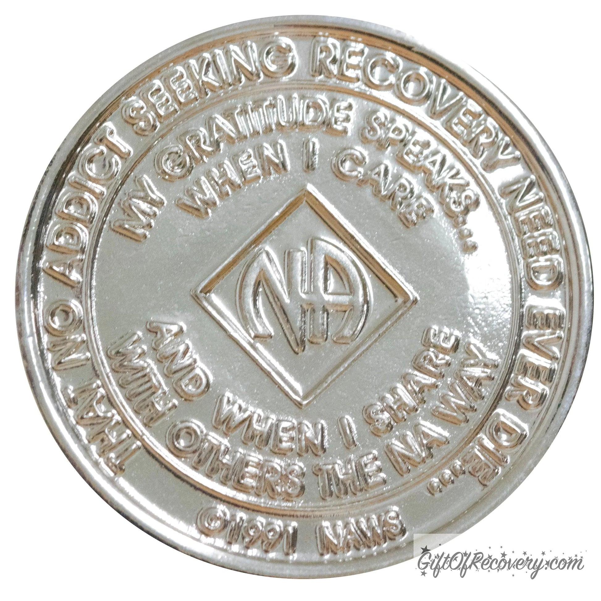 Back of NA nickel plated crystalized Scarlet red medallion has the NAWS official slogans and motto. 