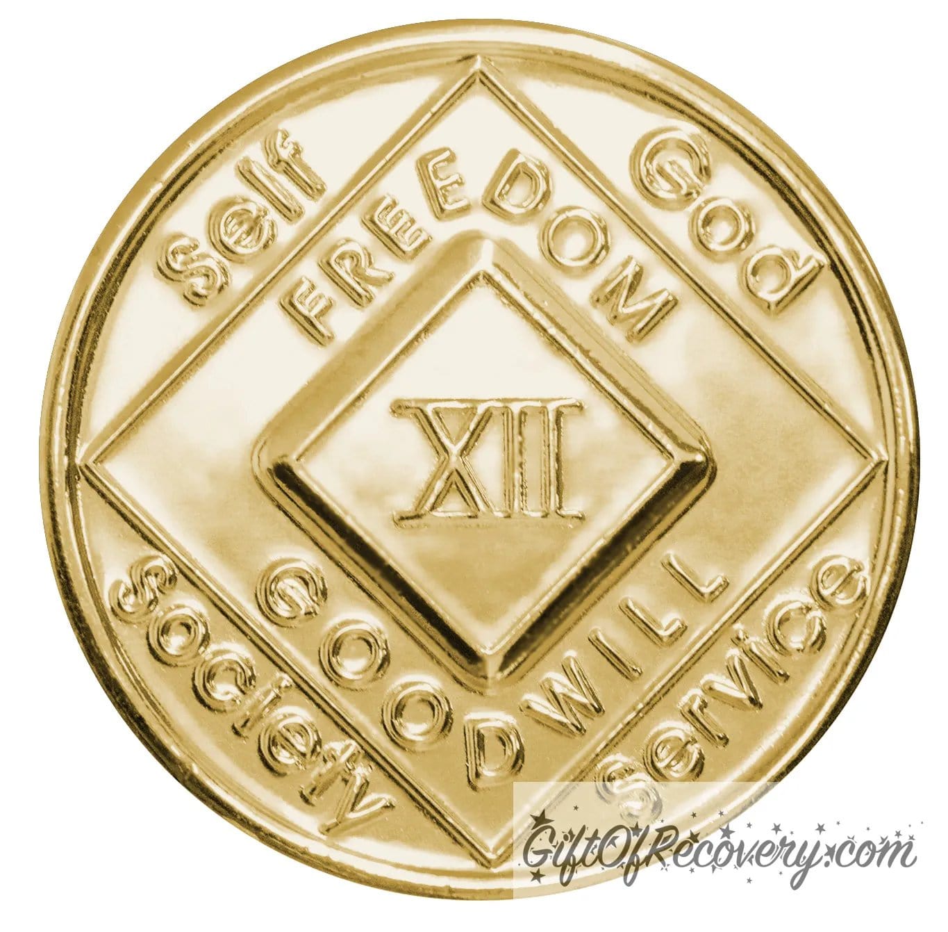 12 year gold plated NA medallion with self, God, Society, and Service around the outer rim of the diamond, freedom and goodwill on the inside of the diamond.