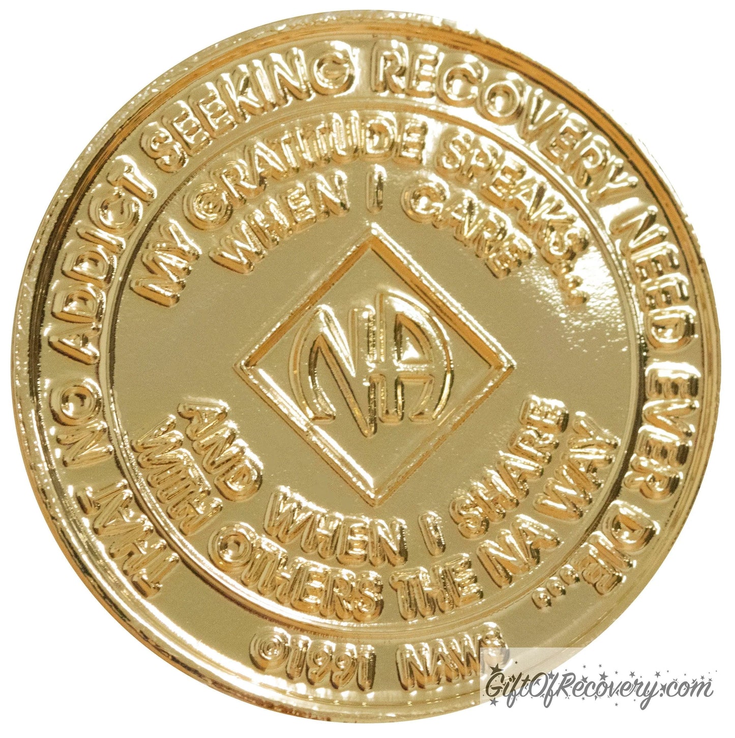 Back of NA gold plated crystalized light rose medallion has the NAWS official slogans and motto. 