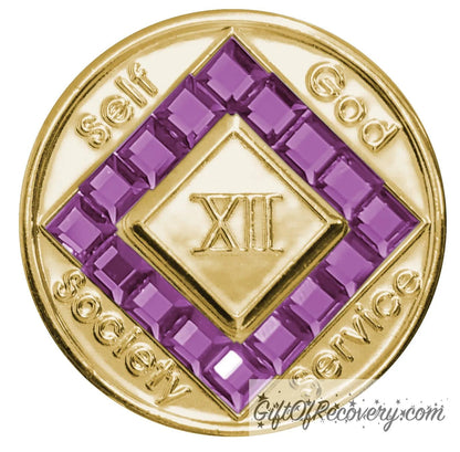 12 year gold plated NA medallion with self, God, Society, and Service around the outer rim of the diamond, 16 square Amethyst purple CZ genuine crystals that form the diamond around the roman numeral. 