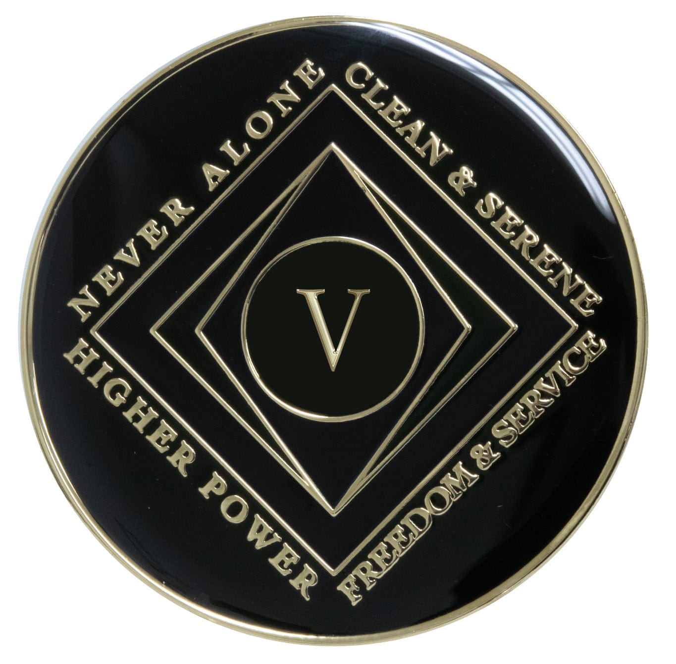 5 year black Onyx Clean time recovery medallion with a diamond shape within a diamond for a 3D effect, never alone, clean & serene, Higher Power, freedom & service in 14k gold-plated brass, sealed with resin for a glossy finish that will last and is scratch proof.