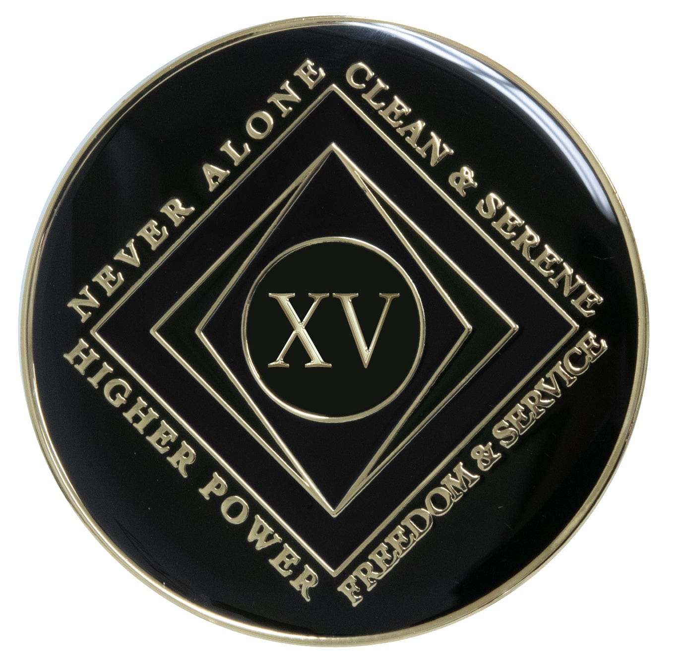 15 year black Onyx Clean time recovery medallion with a diamond shape within a diamond for a 3D effect, never alone, clean & serene, Higher Power, freedom & service in 14k gold-plated brass, sealed with resin for a glossy finish that will last and is scratch proof.