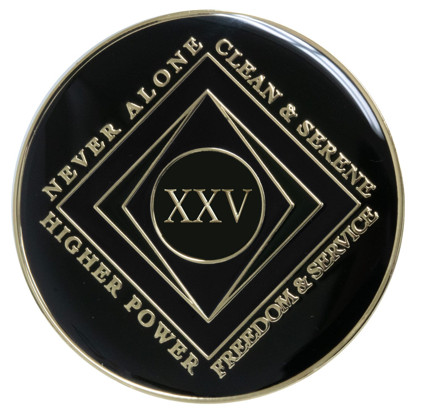 25 year black Onyx Clean time recovery medallion with a diamond shape within a diamond for a 3D effect, never alone, clean & serene, Higher Power, freedom & service in 14k gold-plated brass, sealed with resin for a glossy finish that will last and is scratch proof.