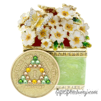 Flower Box with Butterfly Collector Bling Box/Sobriety Chip Holder (with Chip)