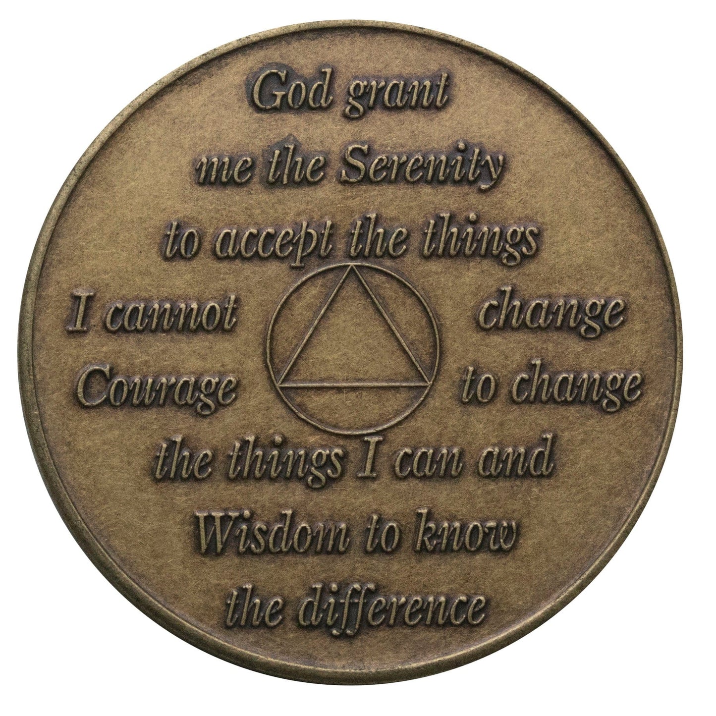 Back of Freedom Bronze recovery medallion with the serenity prayer and the AA symbol.