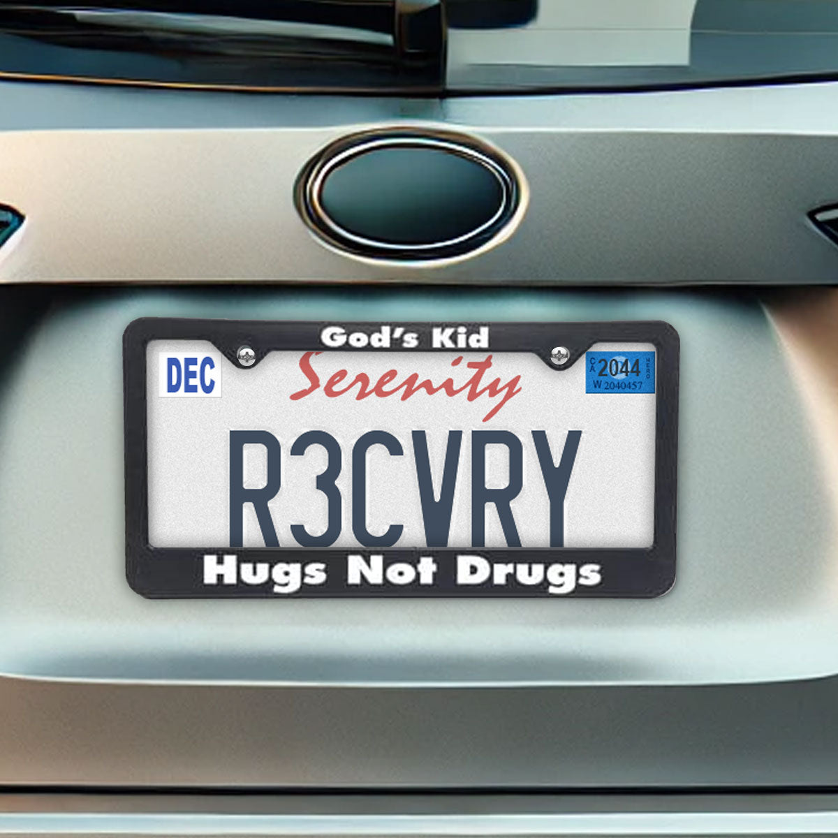 "God's Kid - Hugs Not Drugs" Recovery Related Plastic Auto License Plate Frame