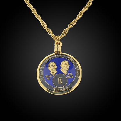 Gold Medallion Necklace Holder, featured with the Big book blue Bill & Bob AA recovery medallion.