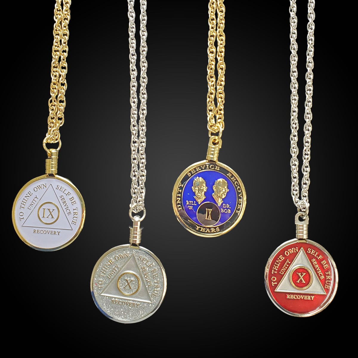 AA recovery medallion necklace holders in gold and silver.