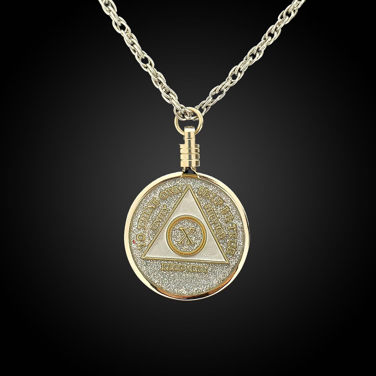 Silver Medallion Necklace Holder, featured with the silver glitter AA recovery medallion.